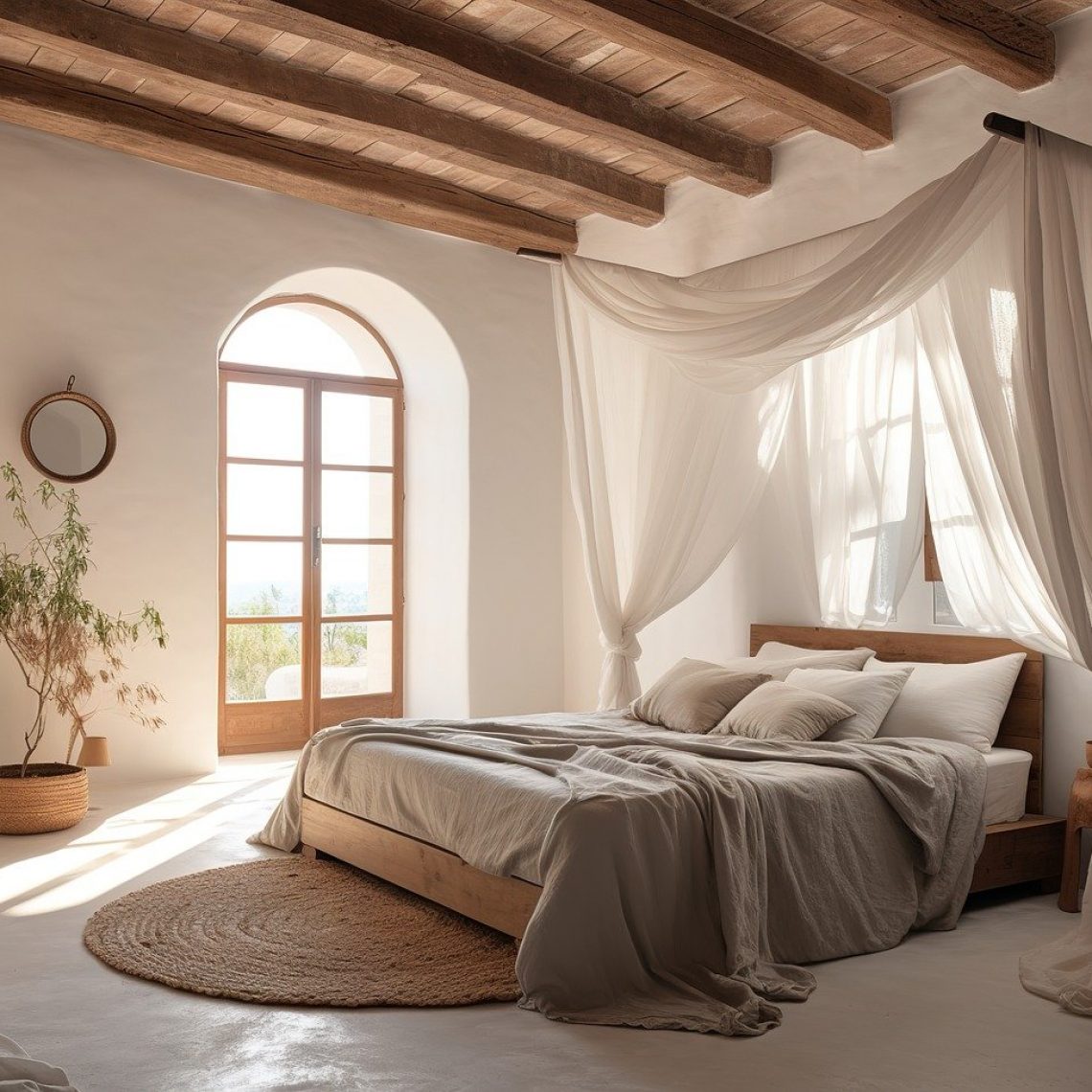 Boho Stil Schlafzimmer im Ferienhaus mit Holz Bett und cremefarbenem Baldachin.